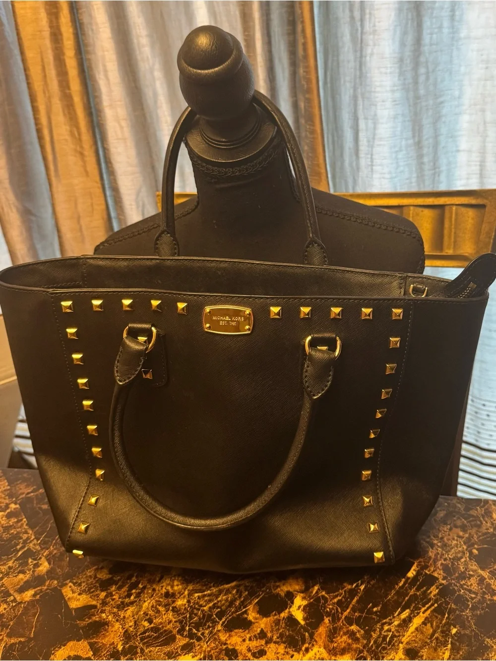 Michael Kors Black Leather Studded Tote with Gold Hardware